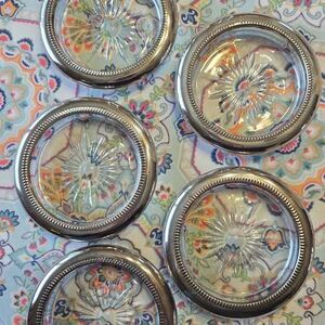 VINTAGE MCM SILVER PLATED GLASS STARBURST COASTERS SET OF 5